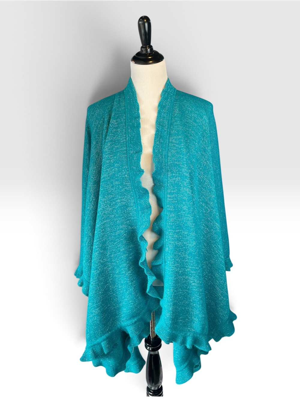 Teal Turquoise Ruffle-Trim Open Front Women's Sweater Wrap